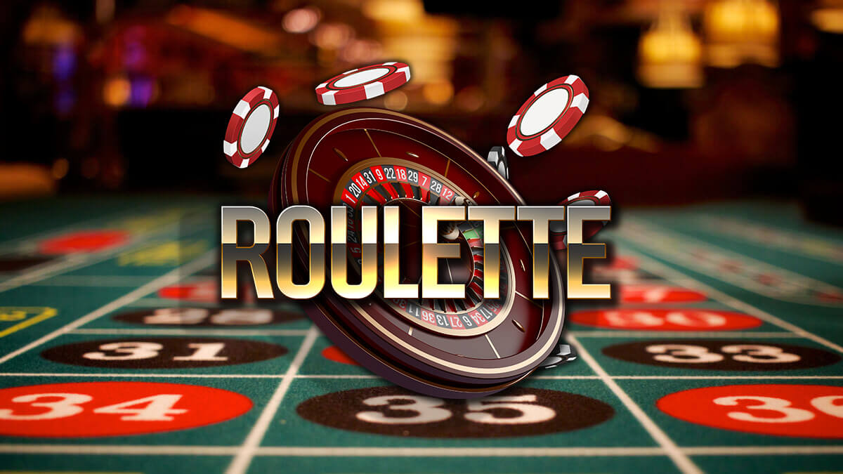 Roulettbord med hjul, spelmarker och ordet roulette